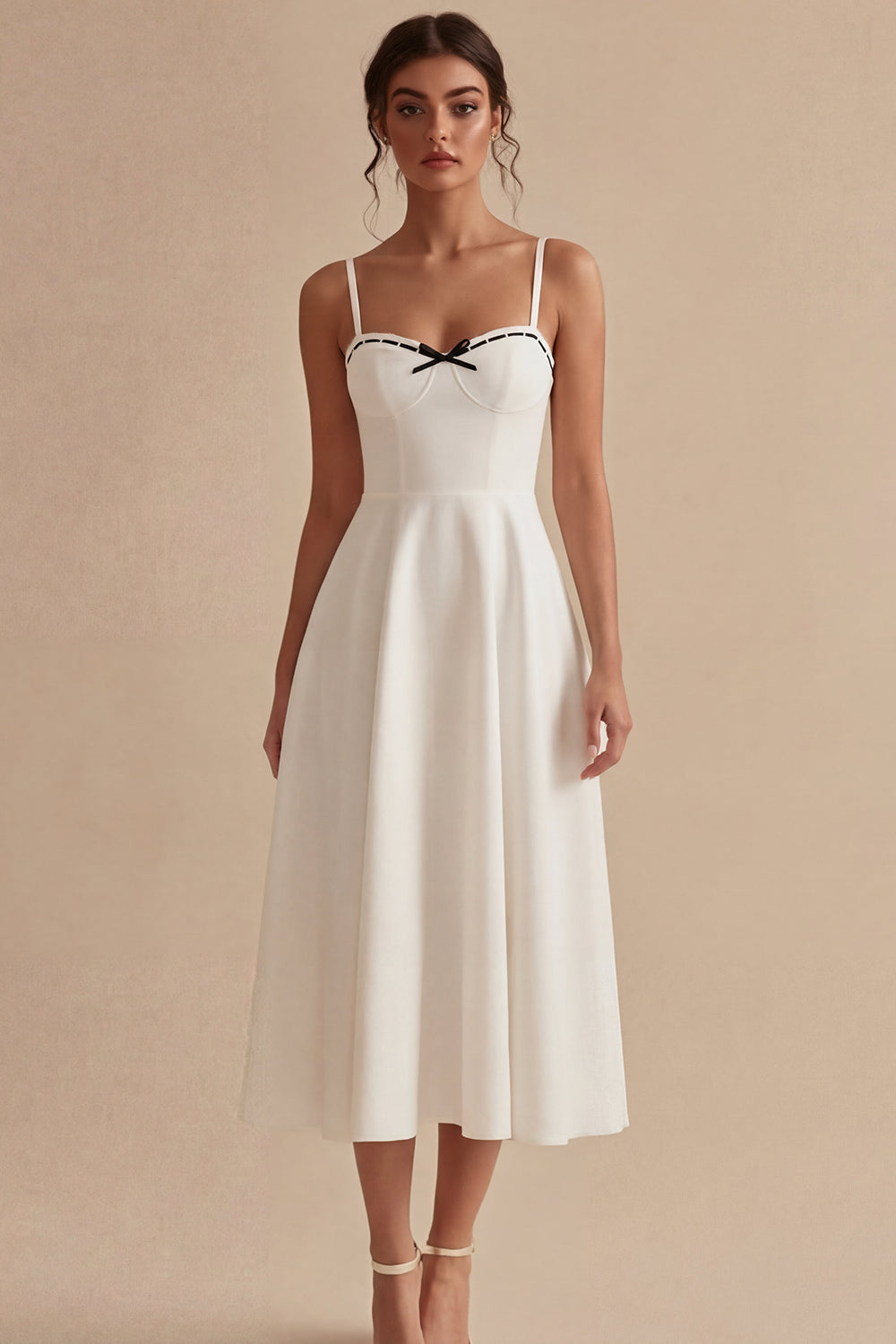 Leely Women Thick Straps A Line White Midi Engagement Dress Backless Sleeveless Bridal Shower Dress