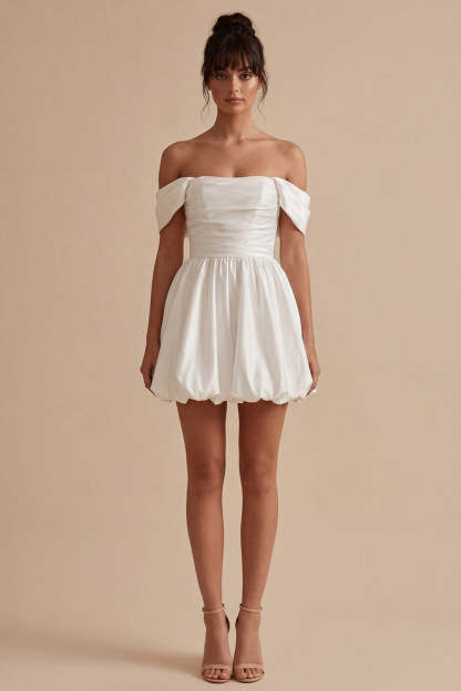 Leely Women Bubble Off the Shoulder A Line Little White Dress Backless Sleeveless Bridal Shower Dress