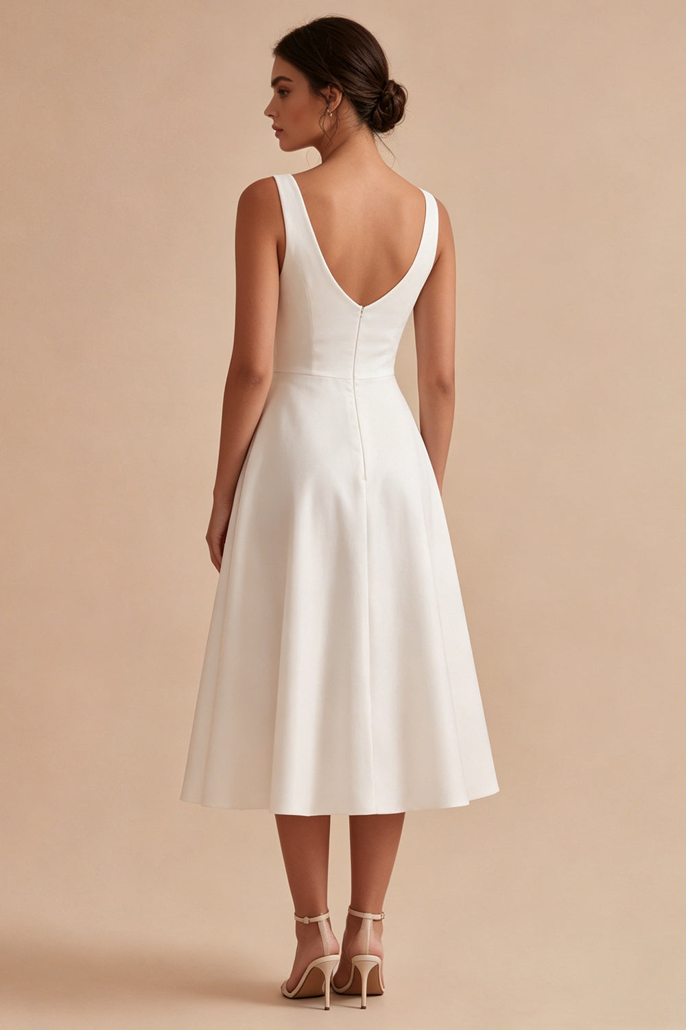 A Line White Thick Straps Midi Engagement Dress