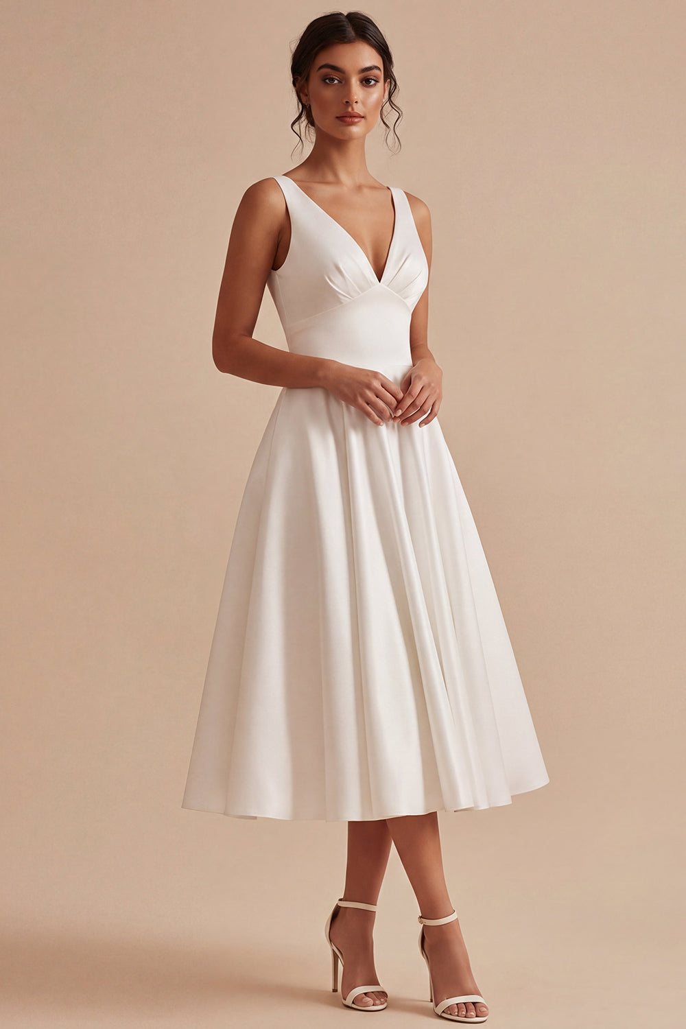 A Line White Thick Straps Midi Engagement Dress