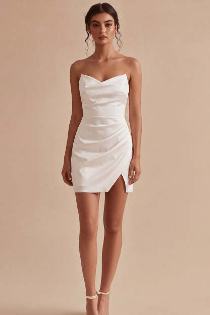 Leely Women Bodycon White Ruched Short Bridal Shower Dress Backless Sleeveless Sweetheart Engagement Dress