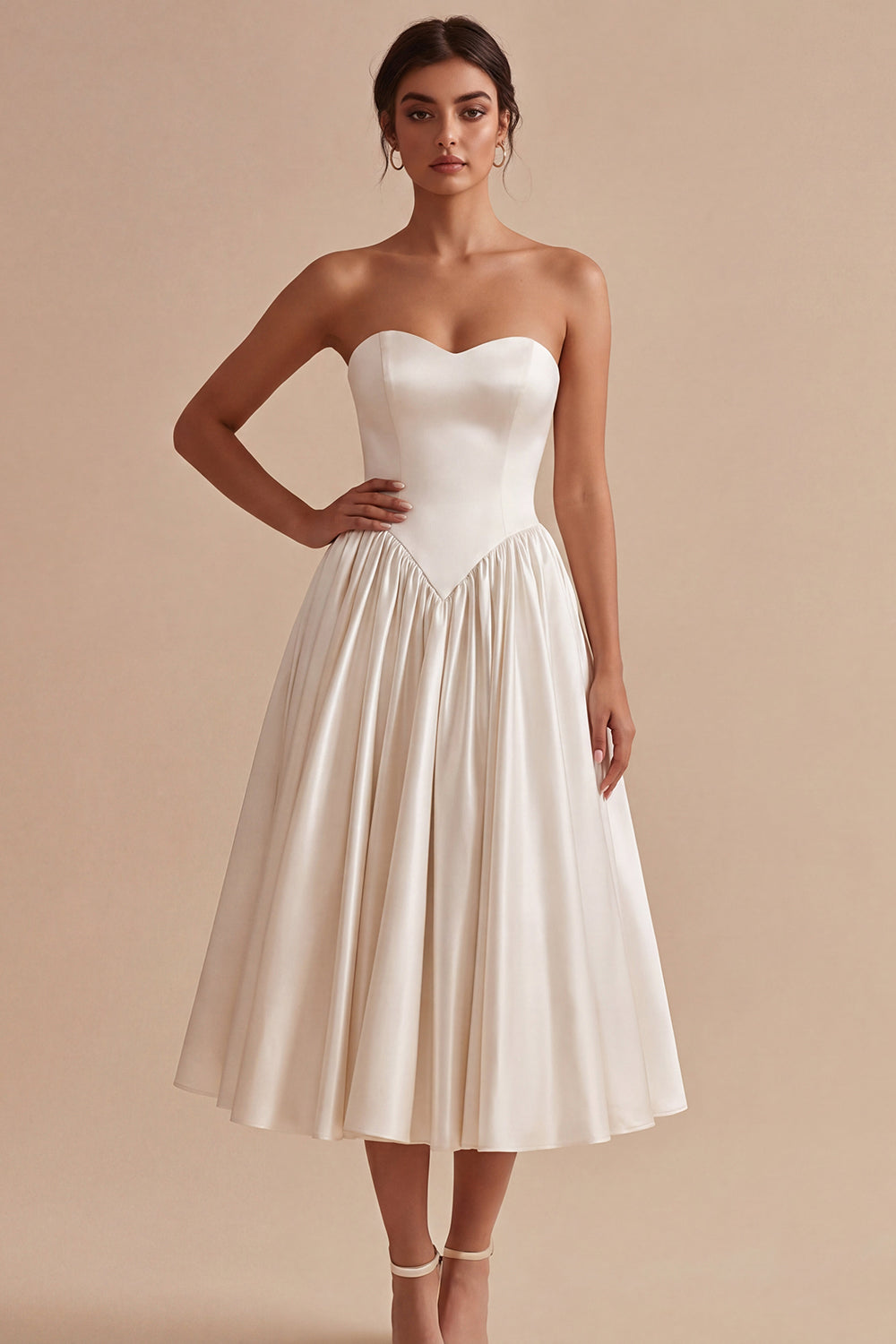 Drop Waist A Line White Satin Midi Engagement Dress