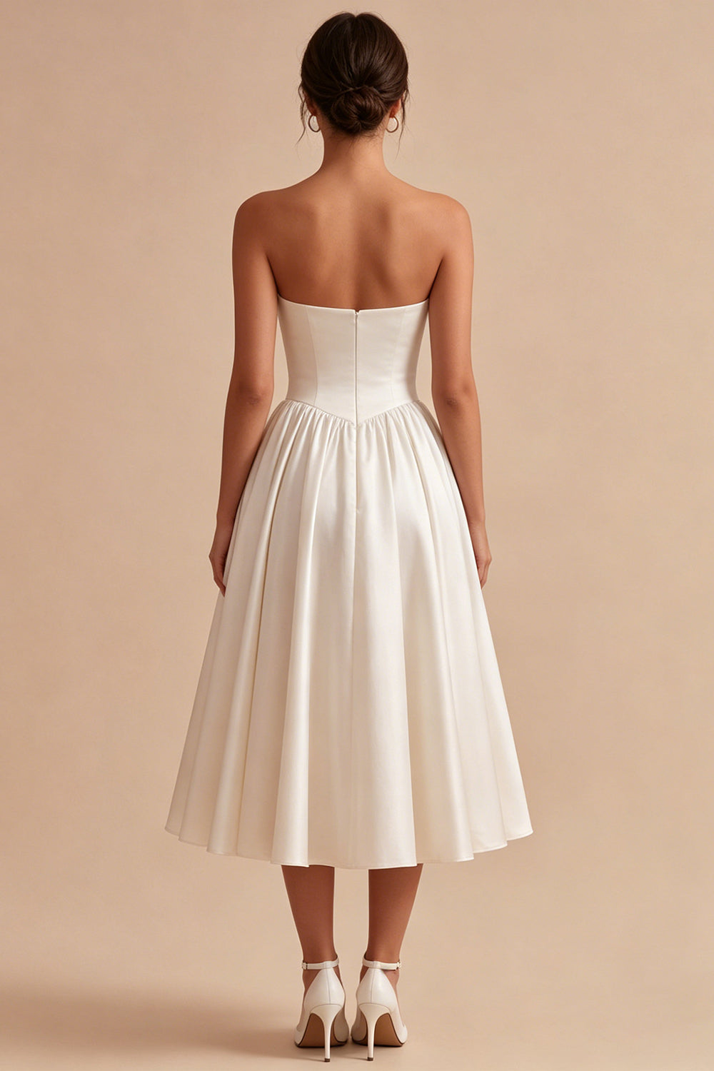 Drop Waist A Line White Satin Midi Engagement Dress
