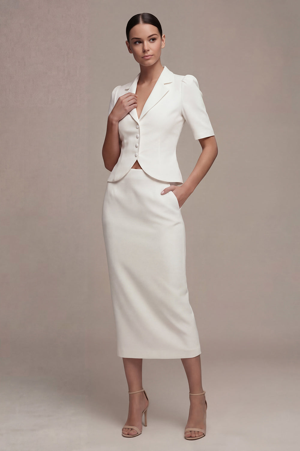 Leely Women White 2 Piece Single Breasted Sheath Midi Blazer Dress Short Sleeves Peak Lapel Work Dress