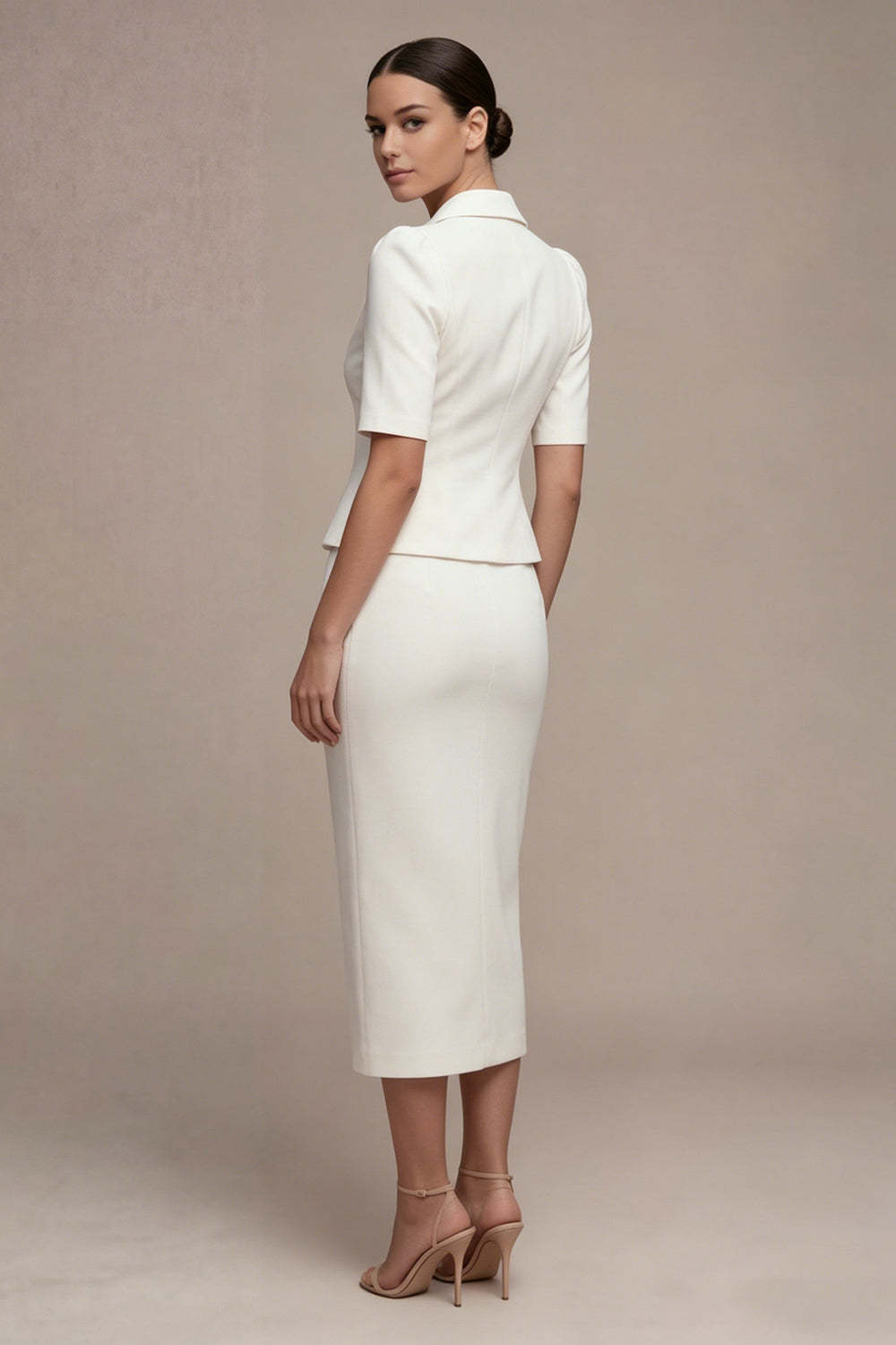 White 2 Piece Single Breasted Sheath Midi Blazer Dress