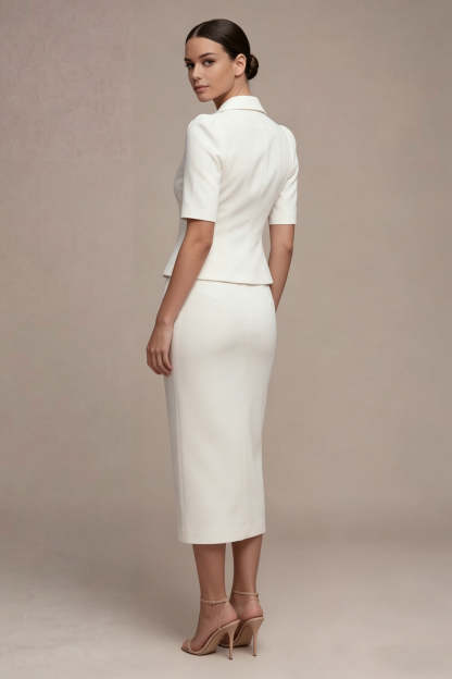 White 2 Piece Single Breasted Sheath Midi Blazer Dress
