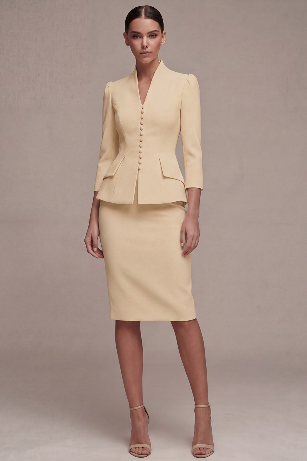 Sheath Ivory Single Breasted 2 Piece Midi Blazer Dress