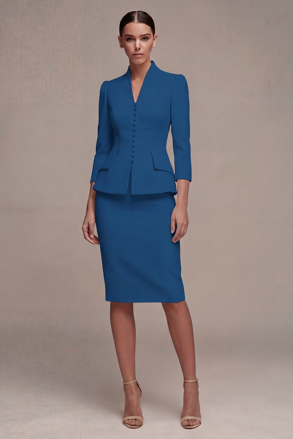 Sheath Ivory Single Breasted 2 Piece Midi Blazer Dress