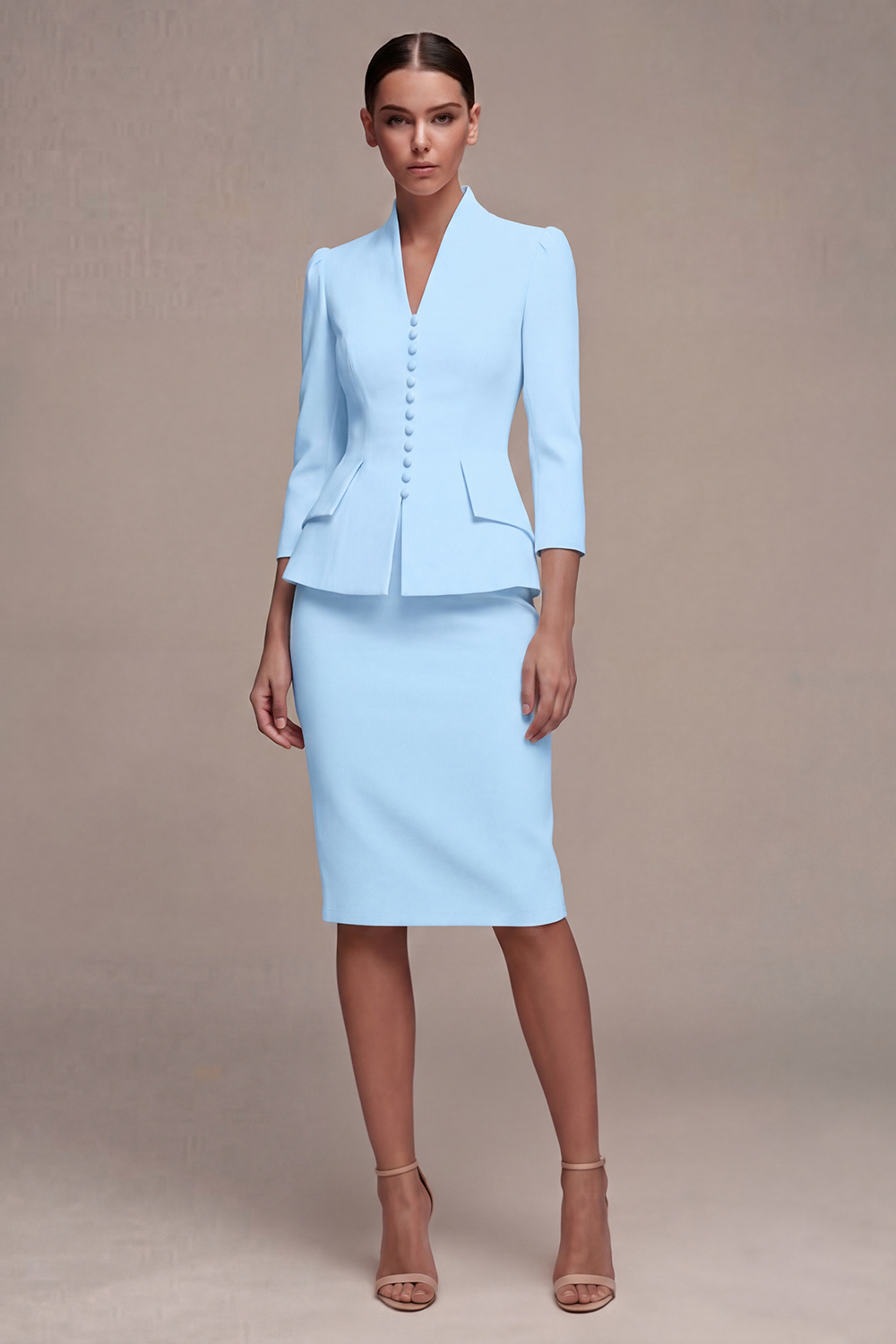 Sheath Ivory Single Breasted 2 Piece Midi Blazer Dress