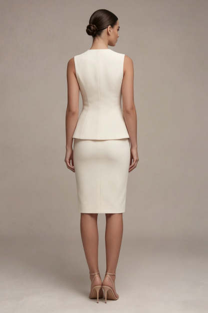 Ivory V Neck Sheath 2 Piece Short Work Dress