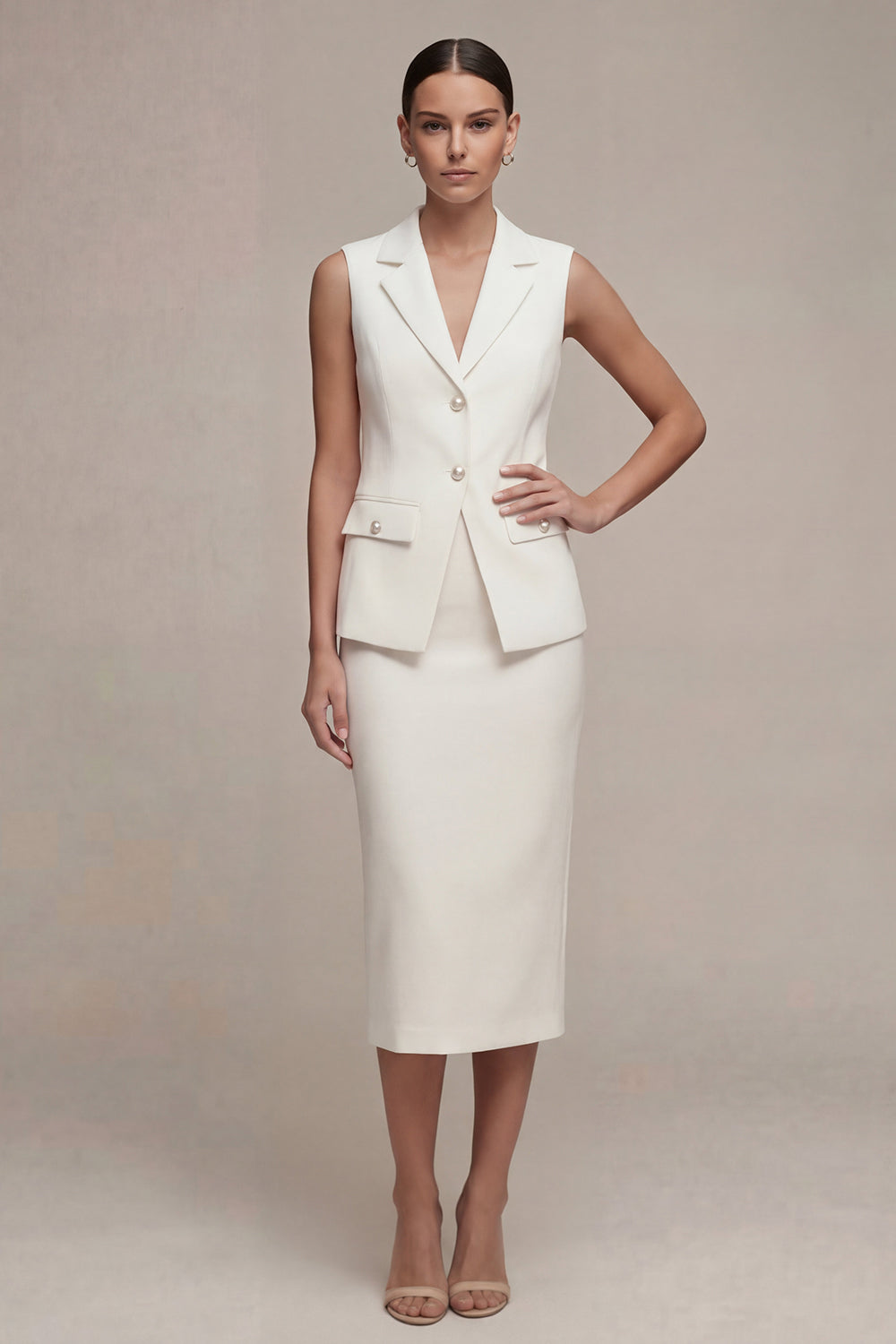Leely Women White 2 Piece Sleeveless Midi Blazer Dress Peak Lapel Single Breasted Work Dress