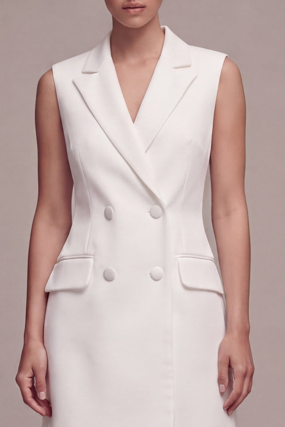 Double Breasted White Sleeveless Short Blazer Dress