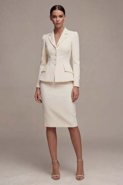 Leely Women Long Sleeves Ivory Midi Blazer Dress Peak Lapel Single Breasted Work Dress