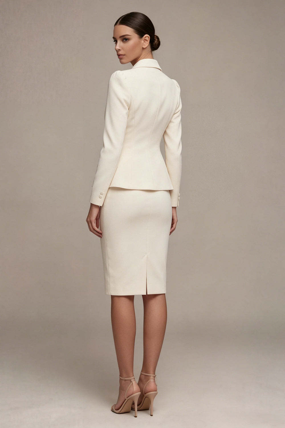 Long Sleeves Ivory Peak Lapel Midi Blazer Dress