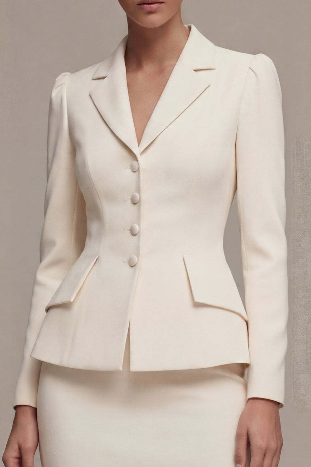Long Sleeves Ivory Peak Lapel Midi Blazer Dress