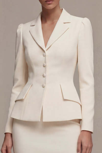Long Sleeves Ivory Peak Lapel Midi Blazer Dress
