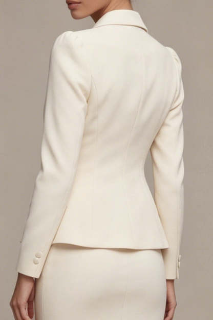 Long Sleeves Ivory Peak Lapel Midi Blazer Dress