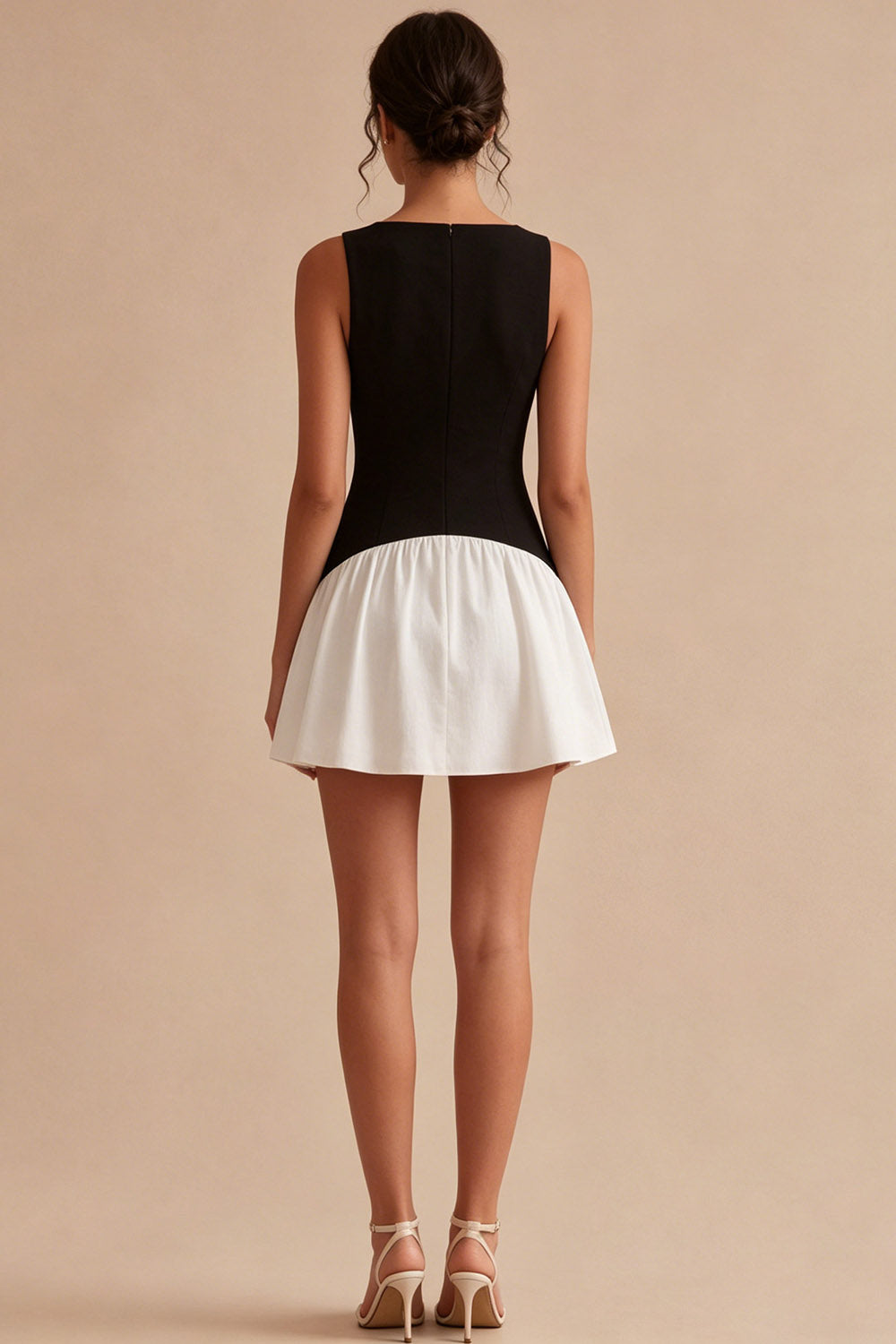 Black and White A Line Round Neck Little Black Dress