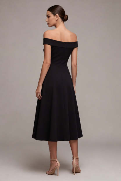 Off the Shoulder A Line Midi Little Black Dress