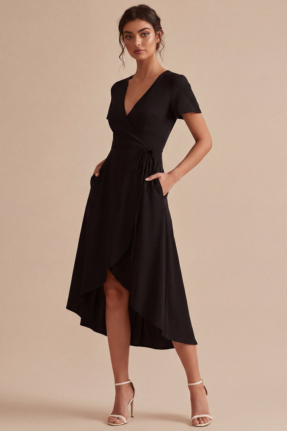 A Line V Neck Short Sleeves High Low Little Black Dress