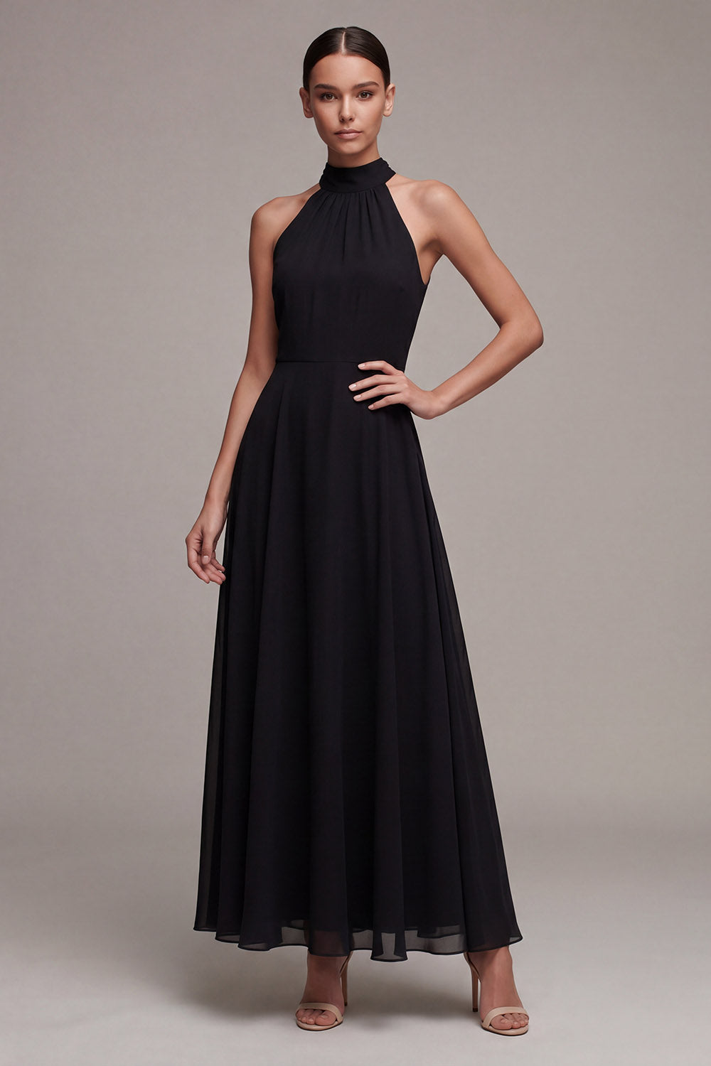 Leely Women Halter Neck A Line Long Formal Dress Sleeveless Backless Wedding Guest Dress