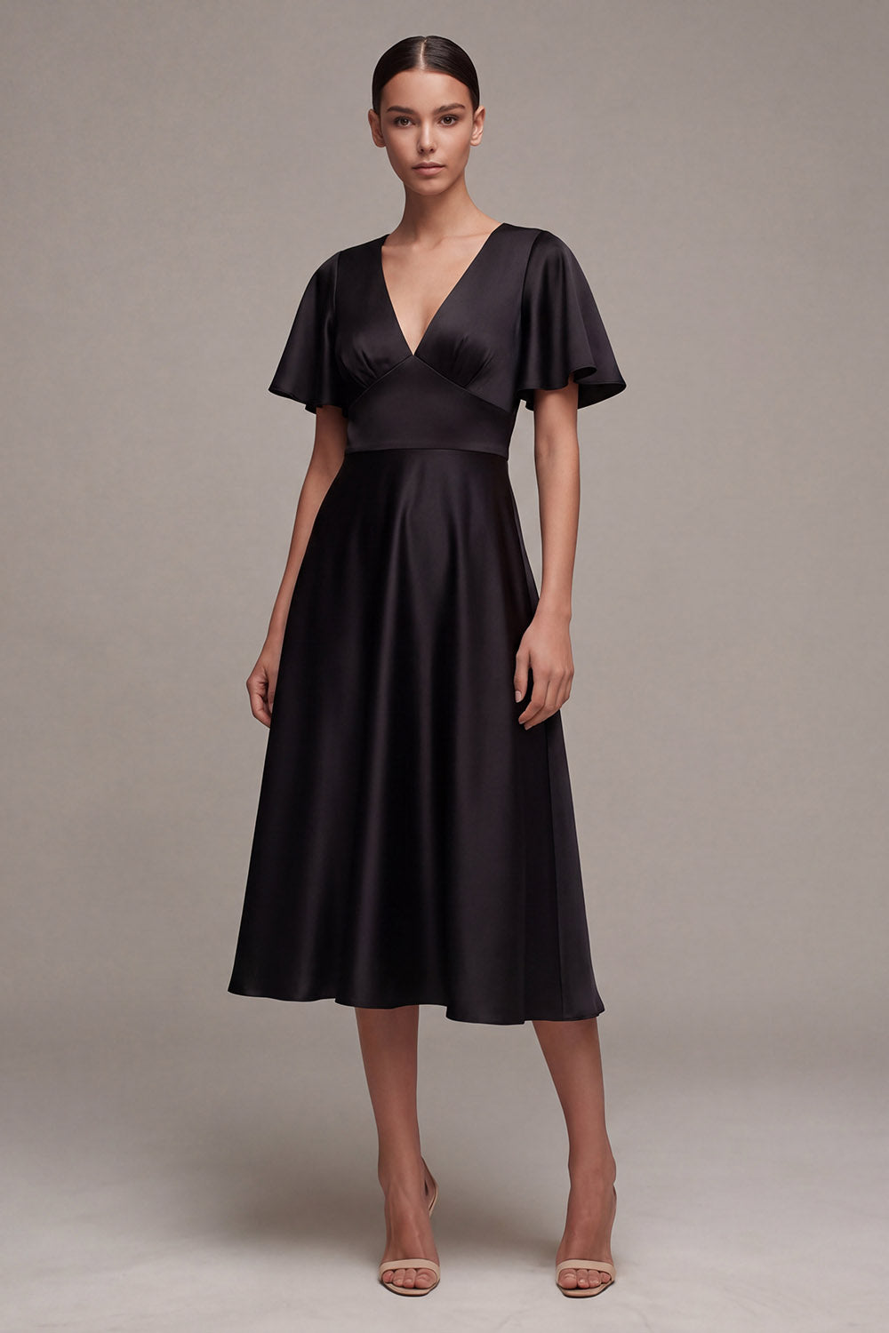 Black A Line V Neck Midi Formal Dress