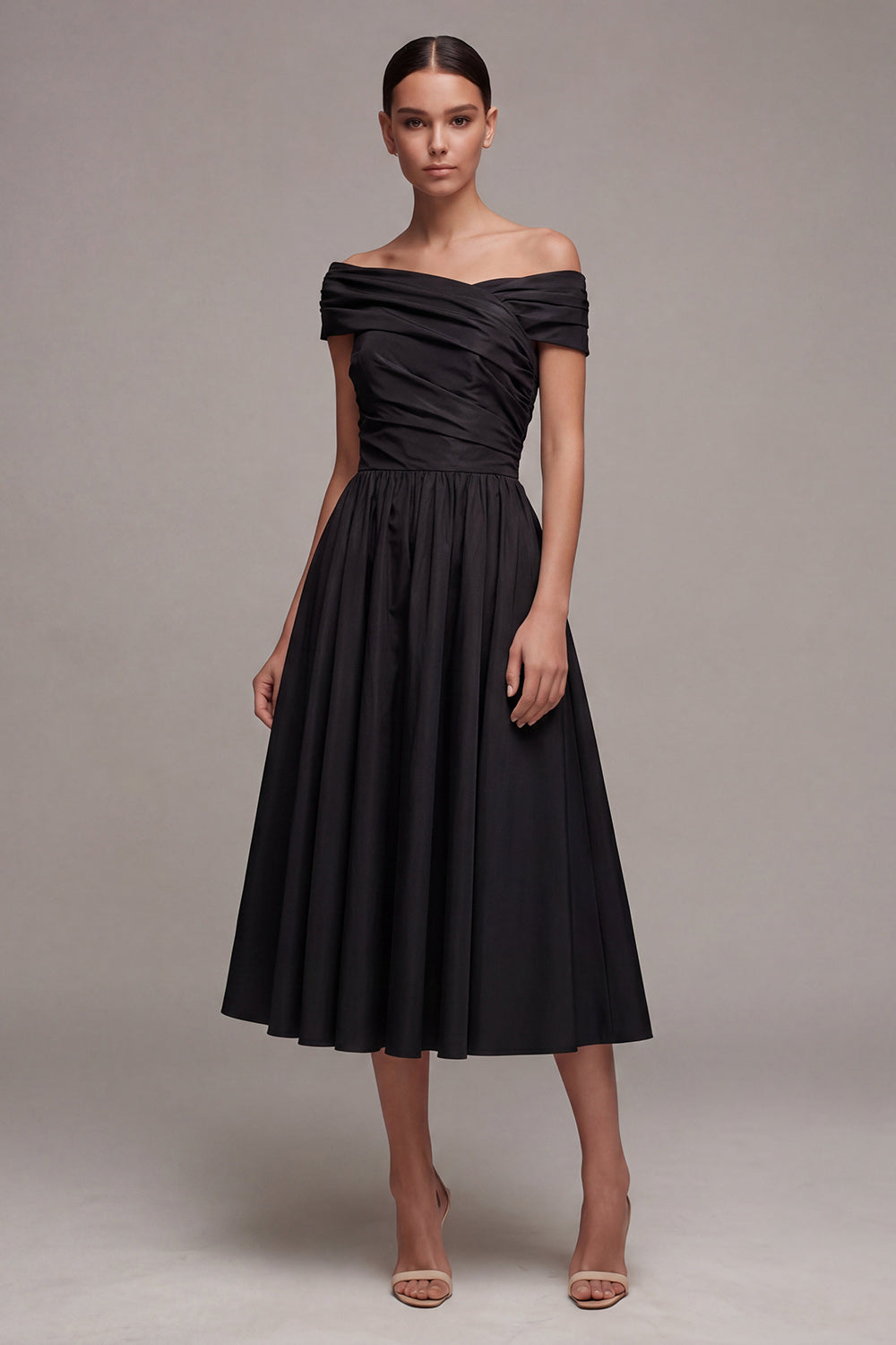 Black A Line Ruched Midi Formal Dress
