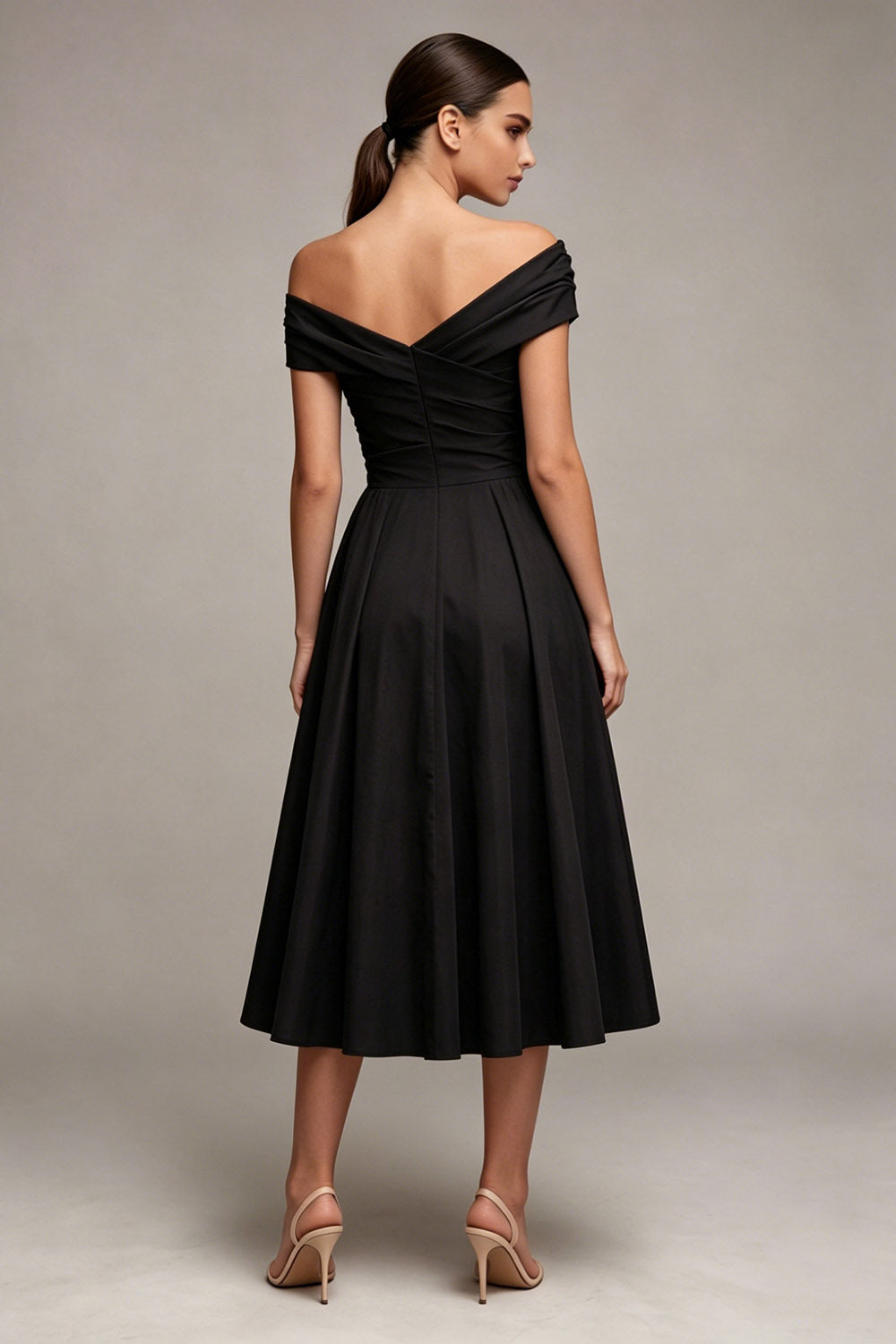 Black A Line Ruched Midi Formal Dress