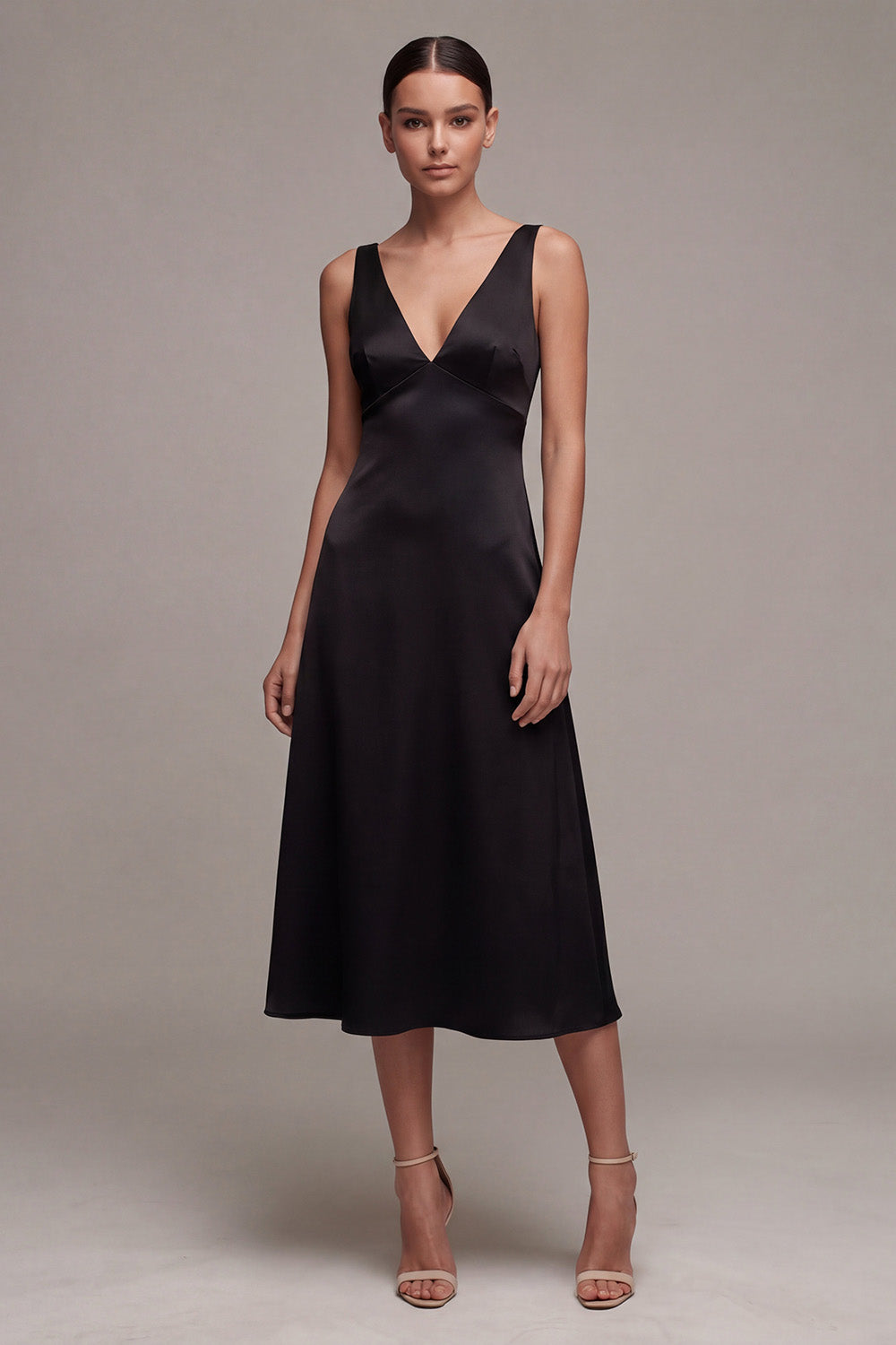 Leely Women V Neck Black A Line Midi Formal Dress Sleeveless Backless Wedding Guest Dress