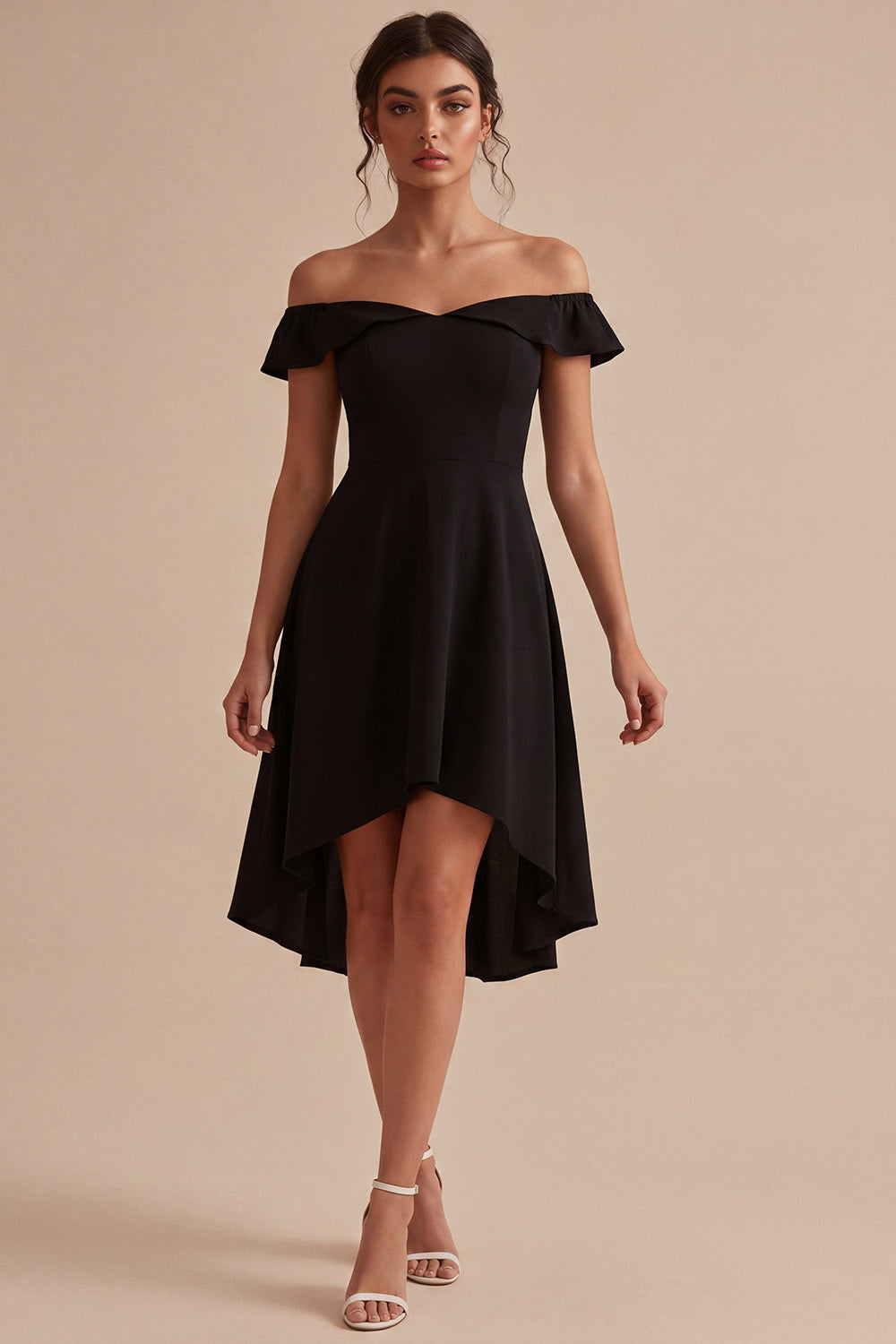 Leely Women High Low Black Off the Shoulder Formal Dress A Line Backless Wedding Guest Dress