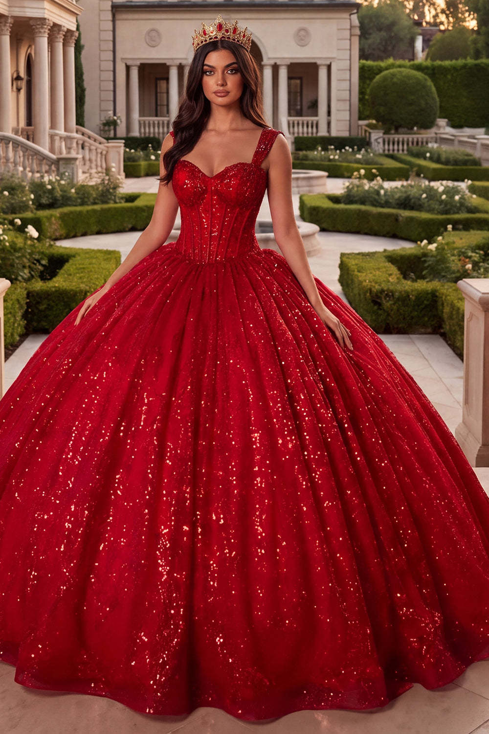 Leely Women Sparkly Red Ball Gown Corset Long Quinceanera Dress Backless A Line Thick Straps Sweet 16 Dress