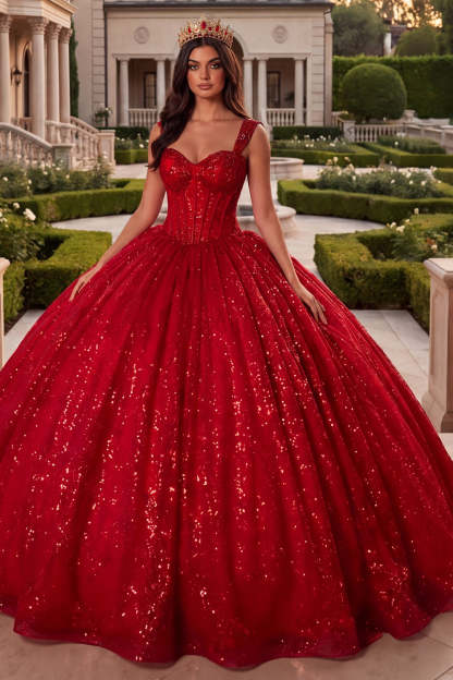 Leely Women Sparkly Red Ball Gown Corset Long Quinceanera Dress Backless A Line Thick Straps Sweet 16 Dress