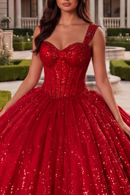 Sparkly Red Ball Gown Corset Long Quinceanera Dress