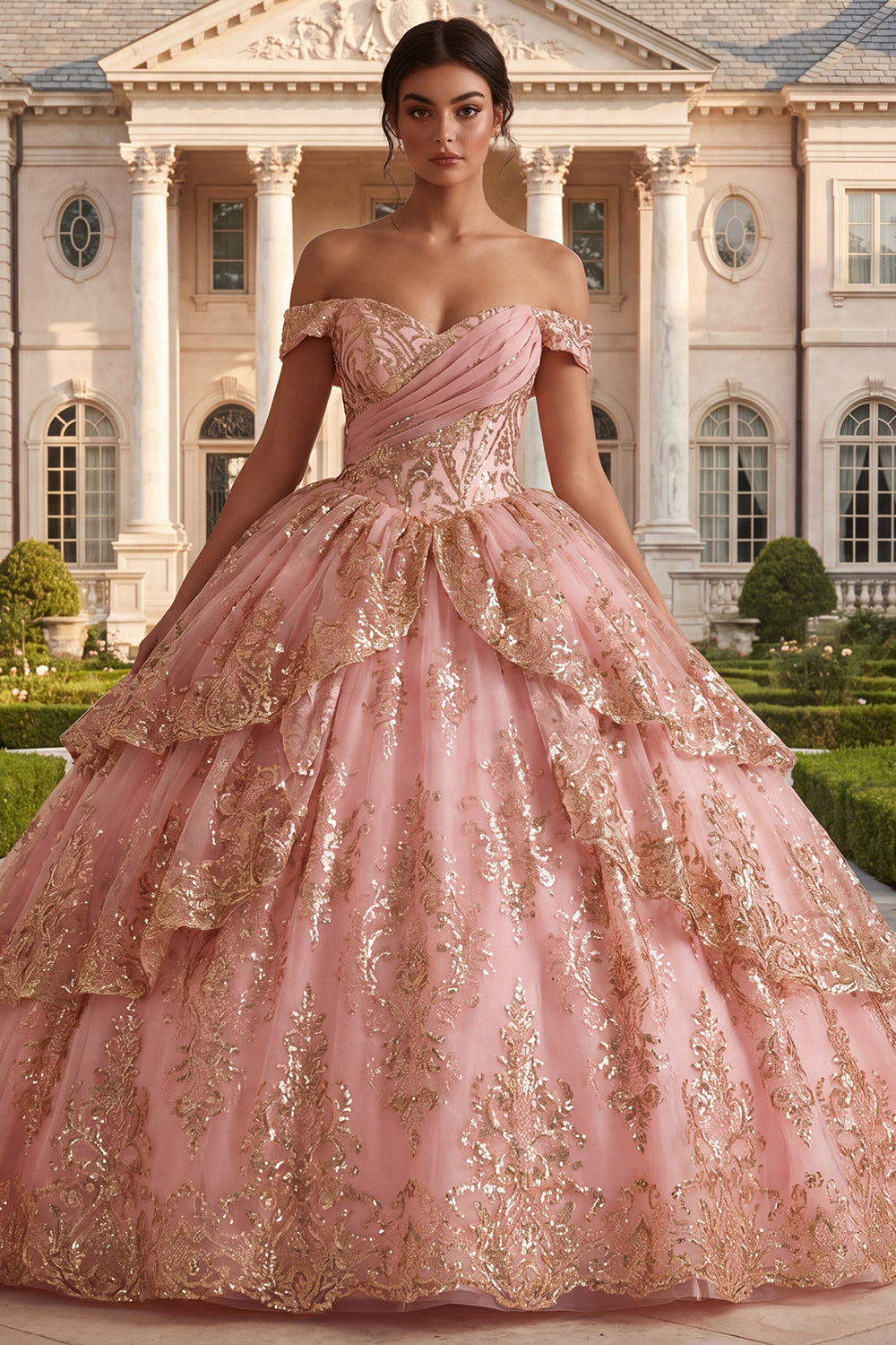 Pink Floral Tiered Ball Gown Long Quinceanera Dress