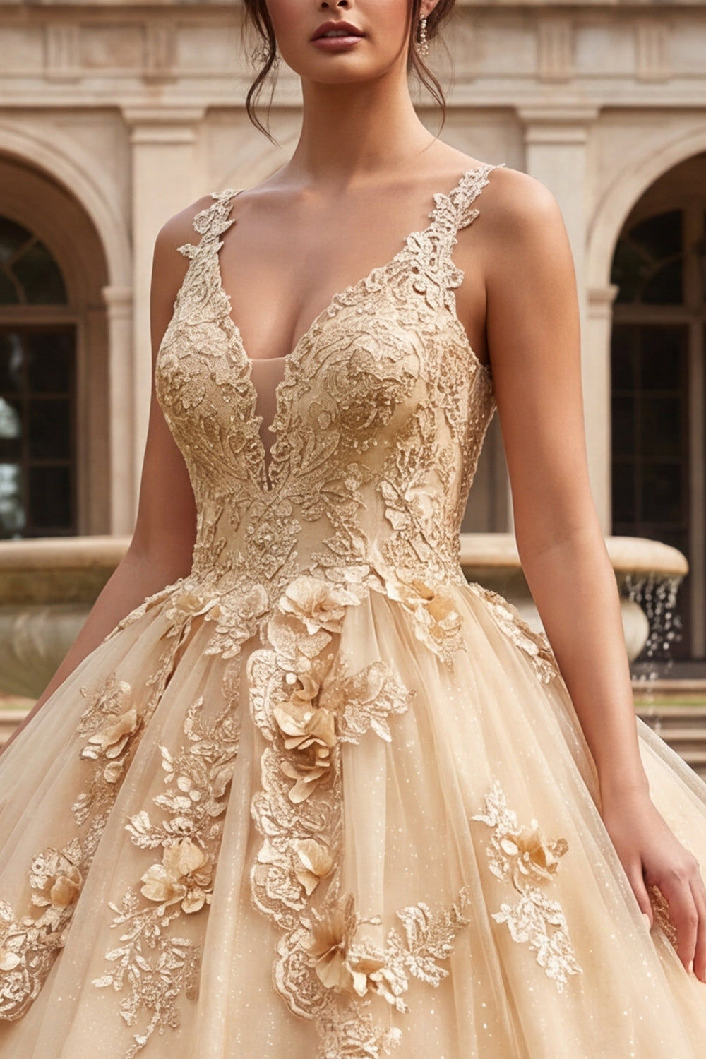 Ball Gown Champagne Floral Appliqued Long Quinceanera Dress