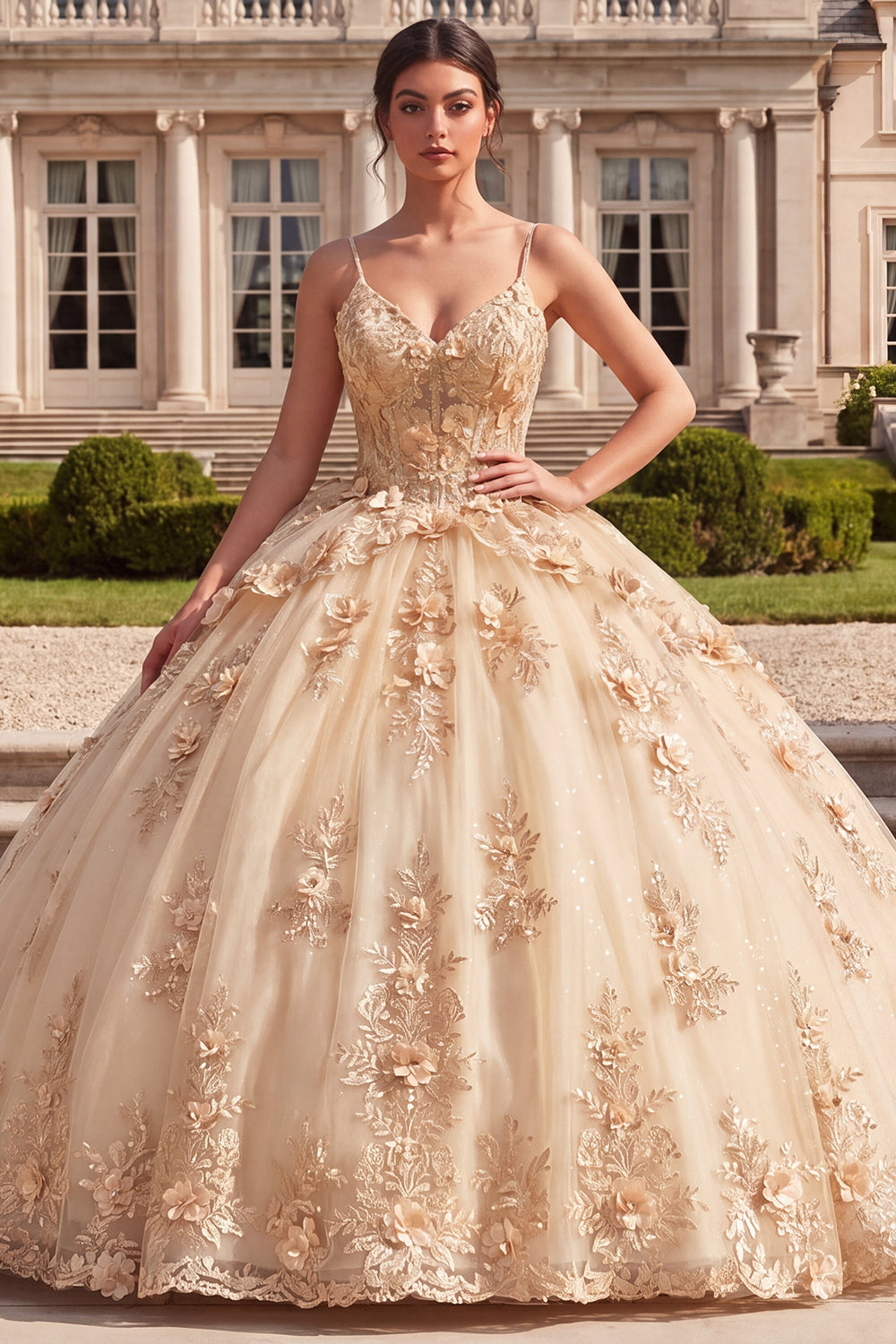 Spaghetti Straps Ball Gown Champagne Floral Long Quinceanera Dress