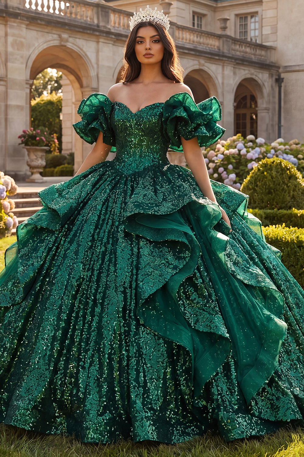 Dark Green Sparkly Ruffled Princess Long Quinceanera Dress