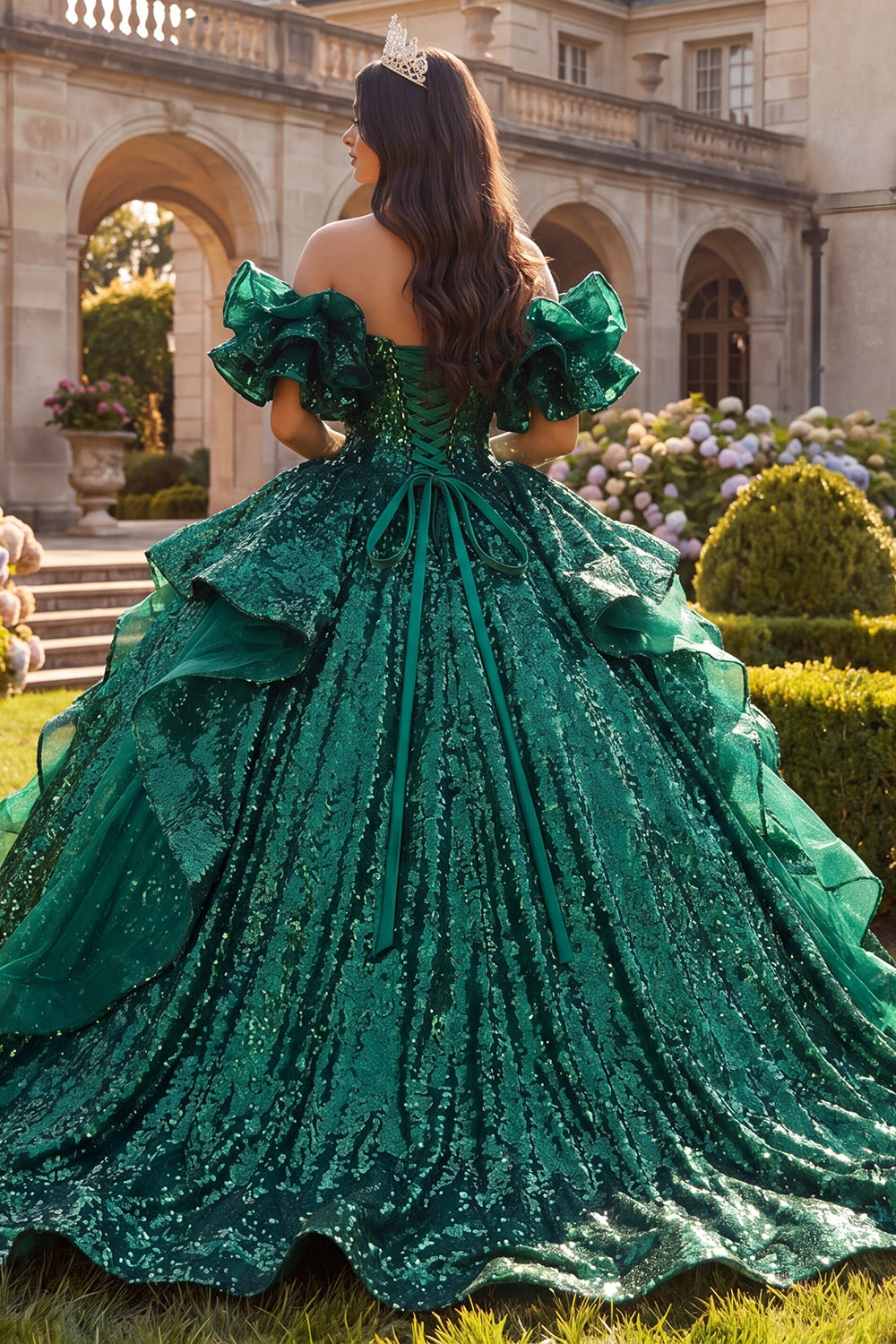 Dark Green Sparkly Ruffled Princess Long Quinceanera Dress