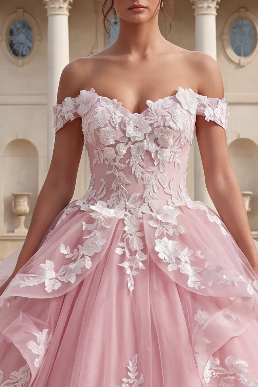 Pink Appliqued Floral Backless Long Quinceanera Dress
