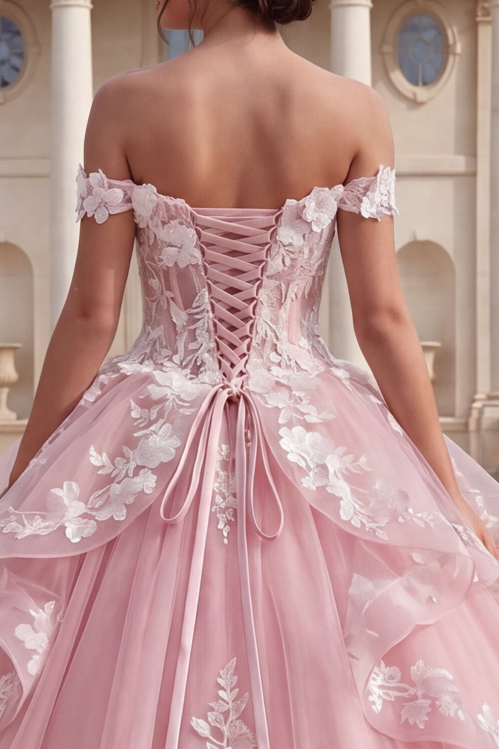 Pink Appliqued Floral Backless Long Quinceanera Dress