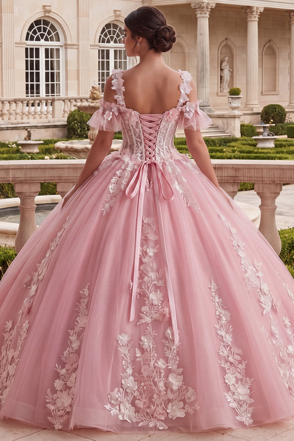 Pink Appliqued Floral Cold Shoulder Long Quinceanera Dress