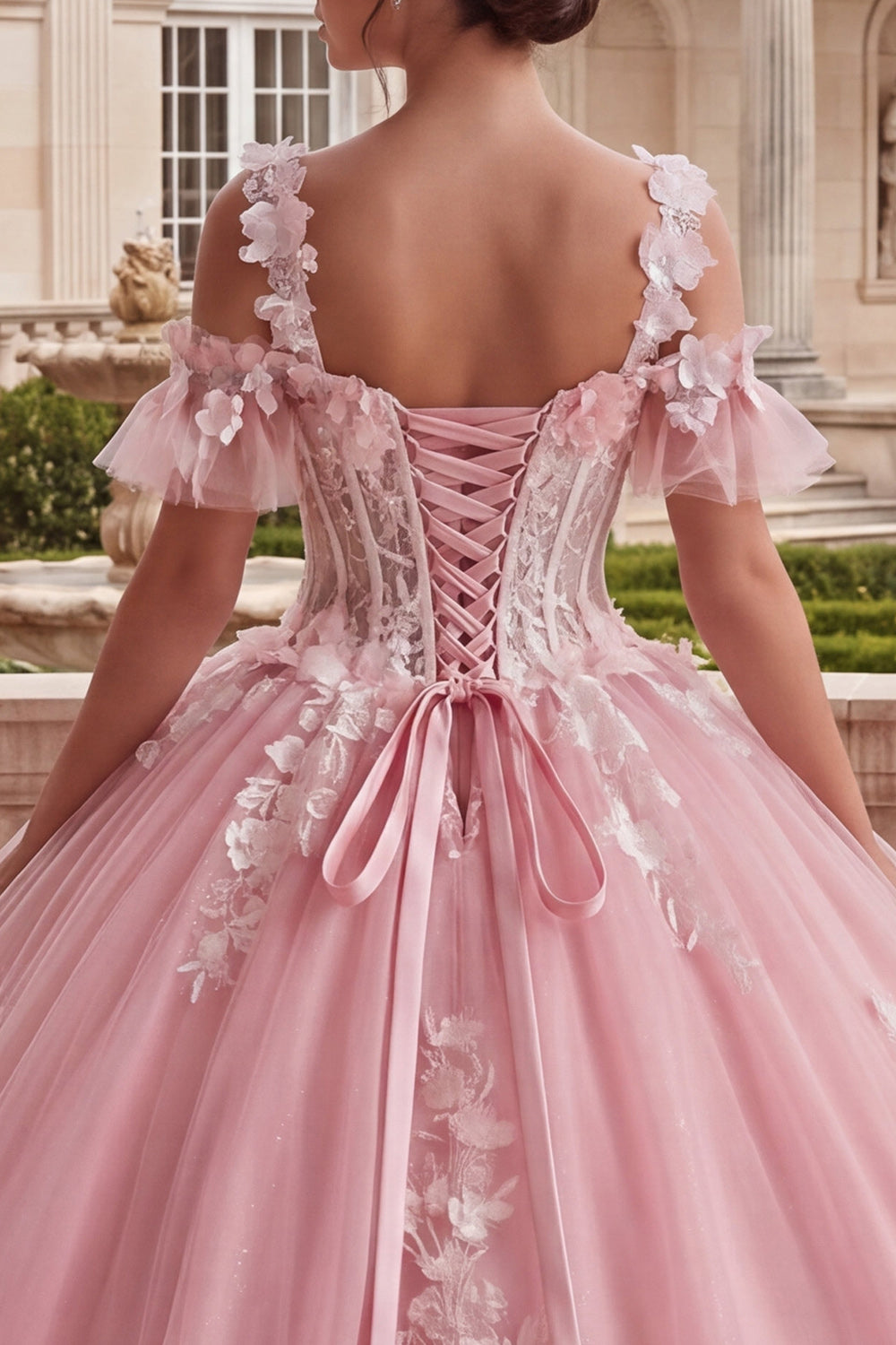 Pink Appliqued Floral Cold Shoulder Long Quinceanera Dress