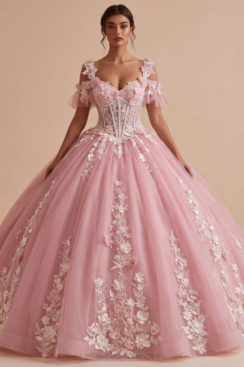 Pink Appliqued Floral Cold Shoulder Long Quinceanera Dress