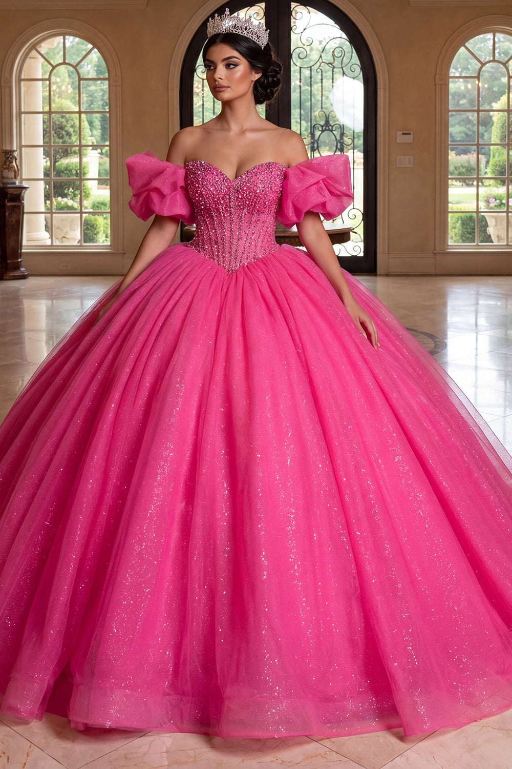 Leely Women Fuchsia Sparkly Beaded Ball Gown Long Princess Quinceanera Dress Off the Shoulder Backless Sleeveless Sweet 16 Dress