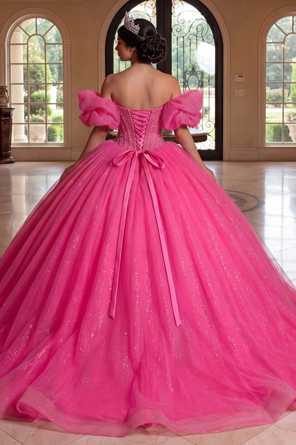 Fuchsia Sparkly Beaded Ball Gown Long Princess Quinceanera Dress