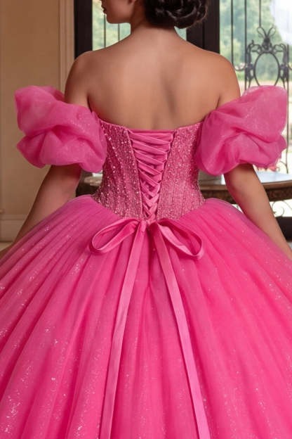 Fuchsia Sparkly Beaded Ball Gown Long Princess Quinceanera Dress