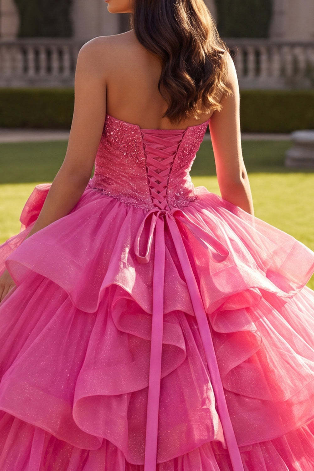 Sparkly Beaded Fuchsia Tiered Long Princess Quinceanera Dress