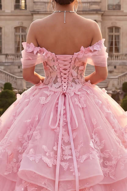Pink Ball Gown Floral Appliqued Princess Long Quinceanera Dress