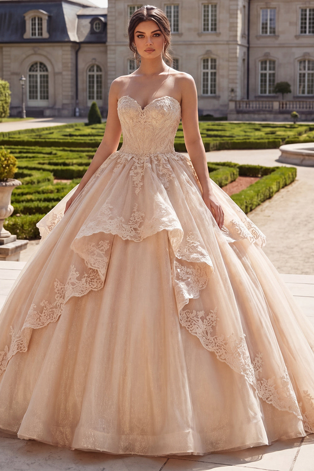 Appliqued Champagne Floral A Line Ball Gown Long Quinceanera Dress