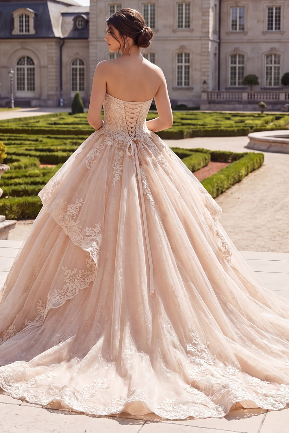 Appliqued Champagne Floral A Line Ball Gown Long Quinceanera Dress